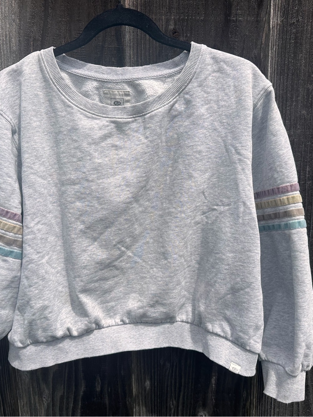 O'Neill Light Gray Cropped Sweatshirt with Pastel Stripe Sleeves